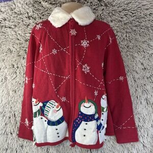 Tiara Snowman Christmas Winter‎ Wonderland Snowflakes Red Zip Up Sweater Medium
